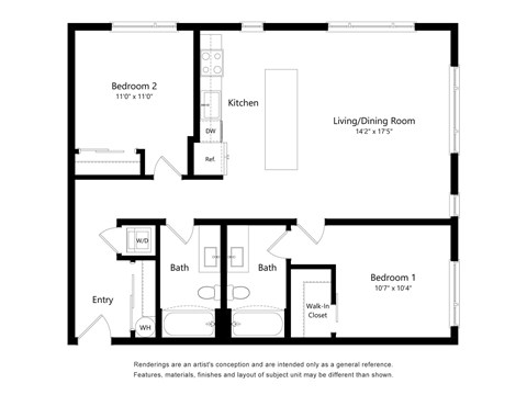 Floor plan for 2 beds, 2 baths, 1067 sqft